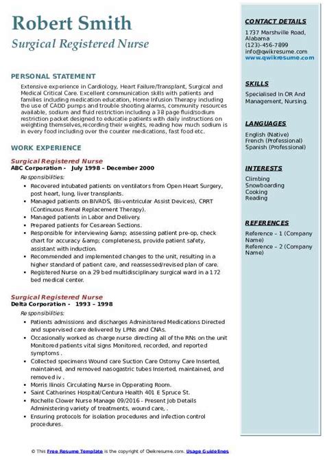 Surgical Registered Nurse Resume Samples Qwikresume