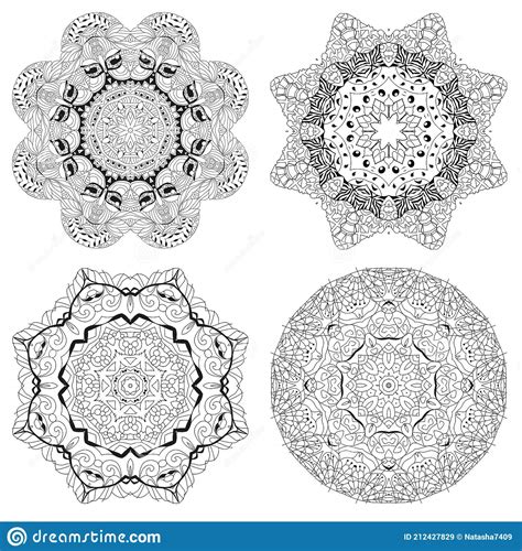 Hand Drawn Zentangle Set Of 4 Mandalas For Coloring Page Stock Vector