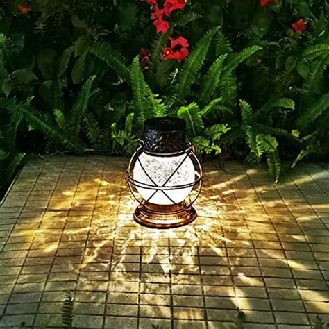 Solar Lantern Outdoor Hanging Lights Metal Crackle Glass Multi Color