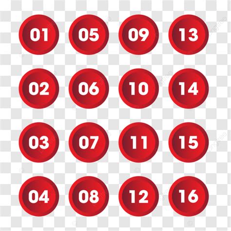 Set Of Bullets And Numbering From One To Sixteen With Red Gradient