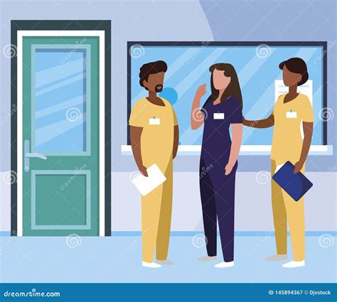 Interracial Group Medicine Workers In Hospital Reception Stock Illustration Illustration Of