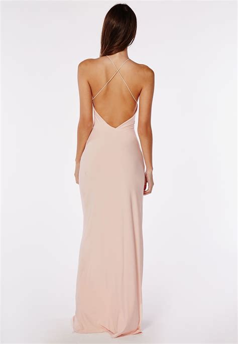 Missguided Slinky Side Split Maxi Dress Nude M Y S T Y L E