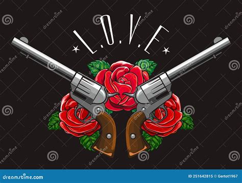 Two Crossed Pistols With Rose Flowers Drawn In Tattoo Style Stock Illustration Illustration Of