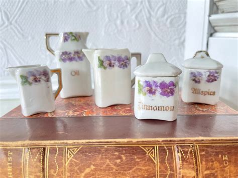 5 Antique China Spice Jars With A Purple Floral Detail Etsy