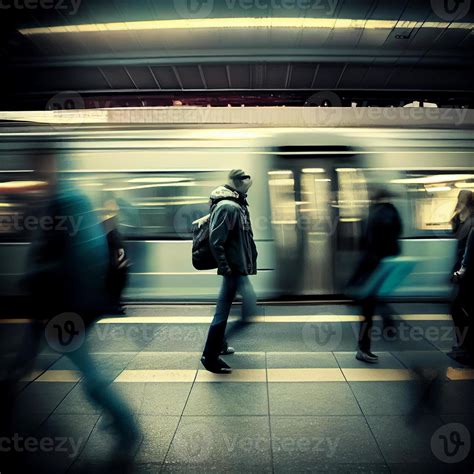 Subway Station Speeding Fast Train People Rushing To The Electric