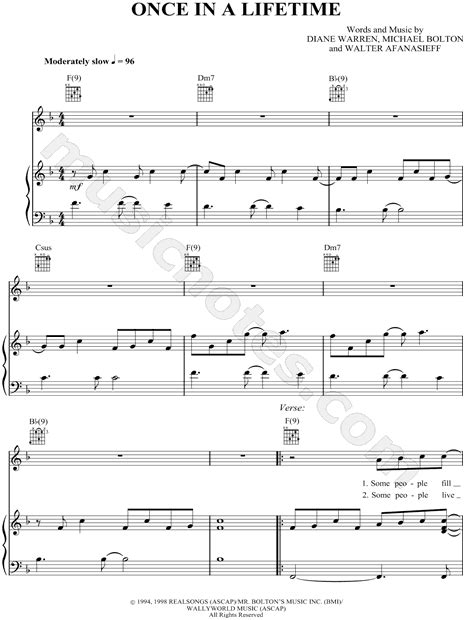 Michael Bolton Once In A Lifetime Sheet Music In F Major Download And Print Sku Mn0034785