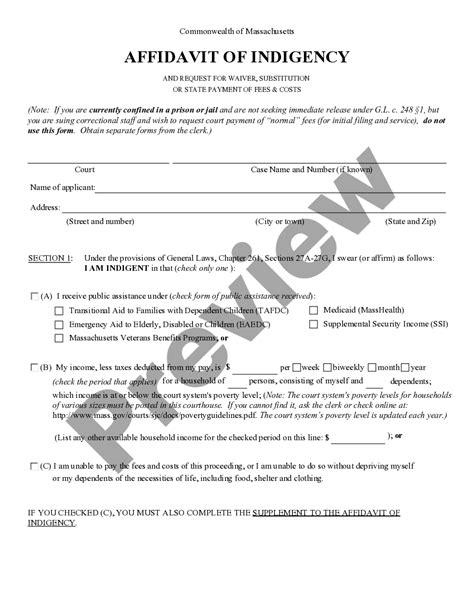 Middlesex Massachusetts Affidavit Of Indigency And Request For Relief From Fees And Costs