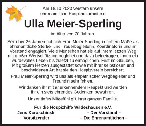 Traueranzeigen Von Ulla Meier Sperling Nordwest Trauer De