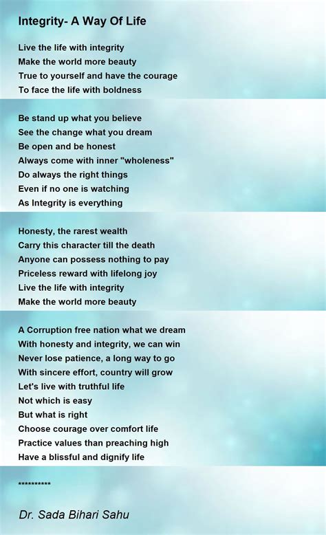 Integrity A Way Of Life Integrity A Way Of Life Poem By Dr Sada