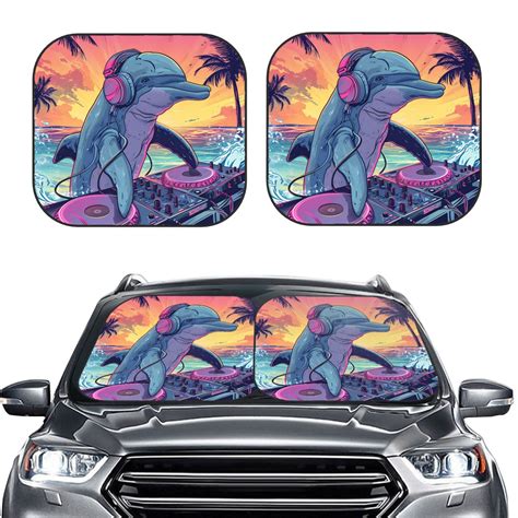 Kdxio Hip Hop DJ Dolphin Print 2 Piece Sun Shade Front Windshield