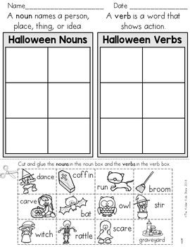 Halloween Noun And Verb Sort Parts Of Speech Worksheets By The Kinder