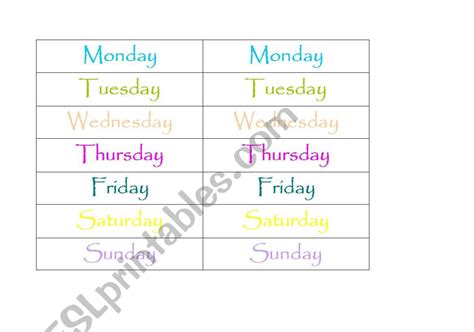 English Worksheets Days Of The Week Memory Game