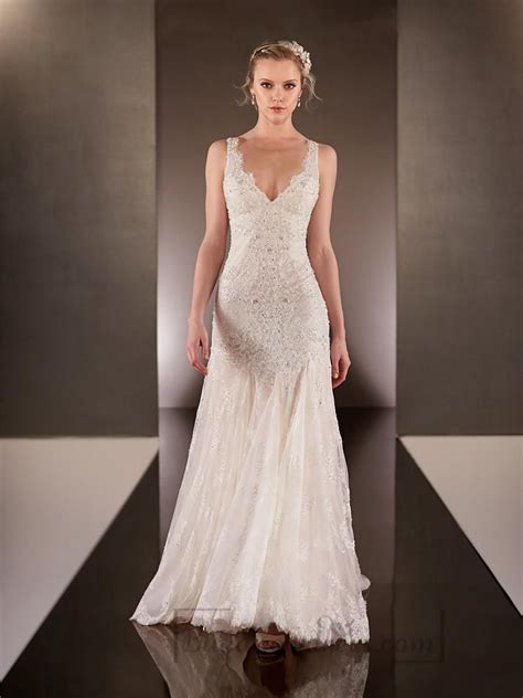 Elegant Beaded Straps Plunging V Neck Lace Wedding Dresses With