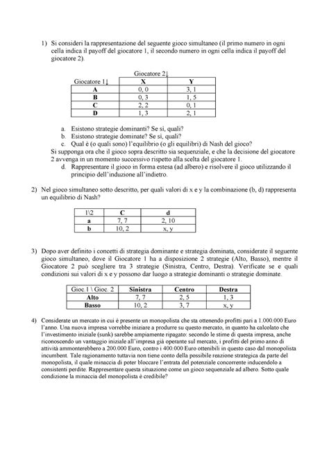 Esercizi Teoria Dei Giochi Economia E Gestione Delle Imprese