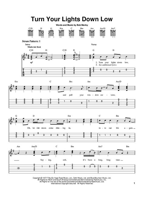 Turn Your Lights Down Low" Sheet Music by Bob Marley for Easy Guitar Tab - Sheet Music Now