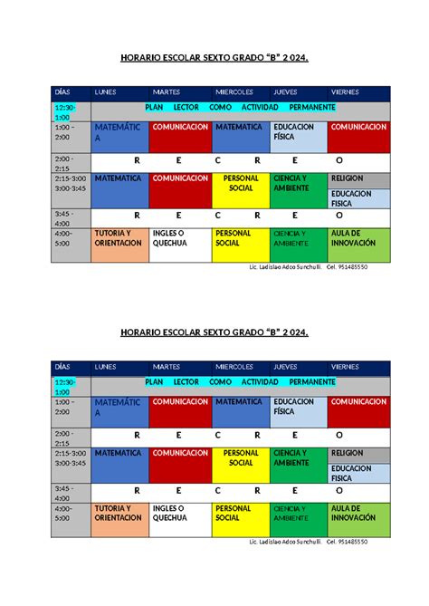 Horario Escolar Sexto Grado Horario Escolar Sexto Grado “b” 2 024 DÍas Lunes Martes Miercoles