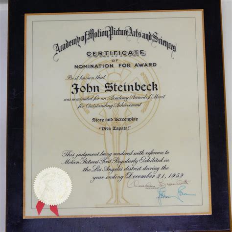 Sold Price John Steinbecks 1952 Academy Awards Nomination Plaque