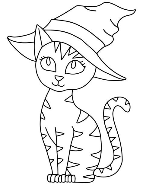 Halloween Cat Wearing Witch Hat 🧙‍♀️🐱🎃🐾 Coloring Page