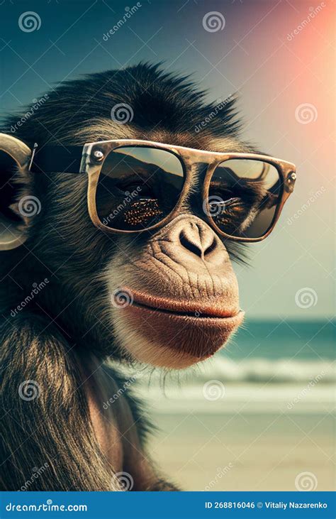 Portrait Of Monkey In Sunglasses At The Resort Ai Generated Stock