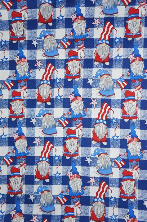 Patriotic Gnomes On Blue Gingham Plaid 4th Of July Novelty Cotton