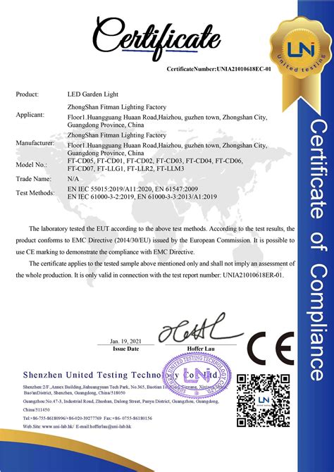 Certificate Zhongshan Fitman Lighting Factory