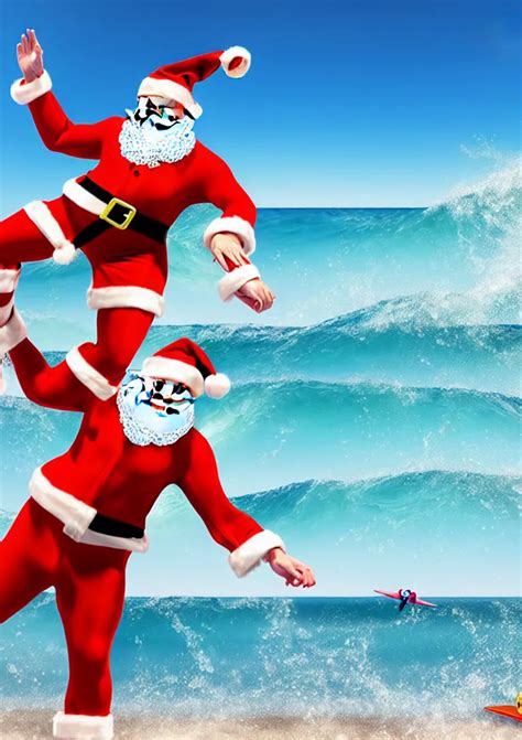 Santa Claus Wearing Swim Suit Surfing On The Beach 3d Stable