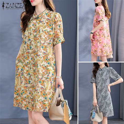 Esolo Zanzea Womens Cheongsam Floral Printed Mock Neck Dresses Holiday