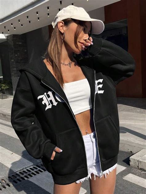 Shein Ezwear Sweat Shirt Capuche Lettres Zipp Paule Tombante