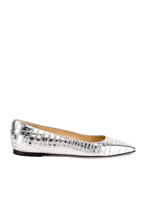 Jimmy Choo Mirele Metallic Croc Embossed Leather Flat In Silver Fwrd