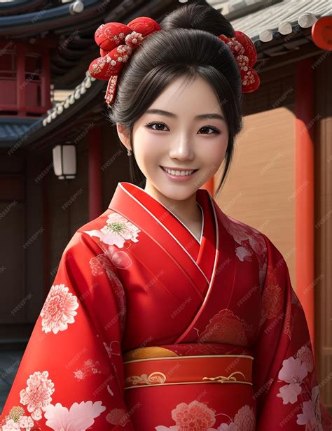 Une Belle Japonaise De 18 Ans Dans Un Kimono Rouge Exquis Photo Premium