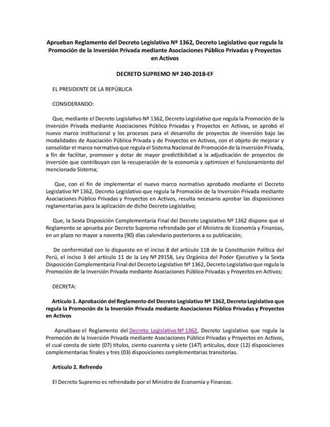 Aprueban Reglamento Del Decreto Legislativo Nº 1362 Decreto Legislativo Que Regula La Promoción