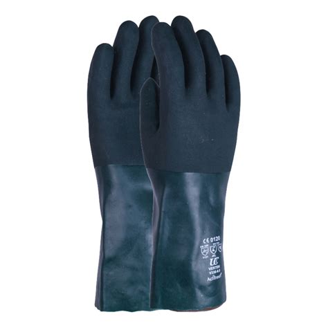 Heavyweight Double Dipped Chemical Resistant 14 Inch Green Pvc Gauntlet Gloves Protexmart