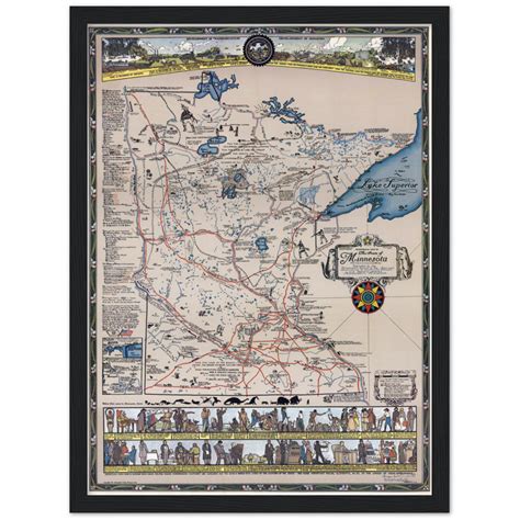 1931 Pictorial Map of Minnesota History Archival Matte Paper Wooden Fr ...