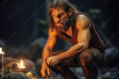 Making a fire in a cave, Neanderthal, primitive man, homo sapiens ...