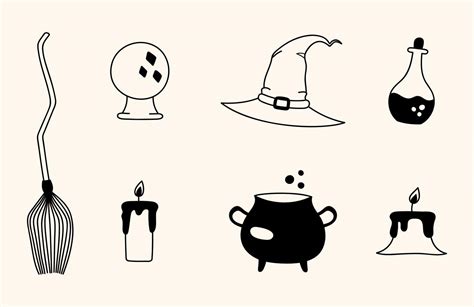 Witchcraft Doodle Isolated Elements Set Halloween Clip Art Hand Drawn Potion Broom Magic Ball