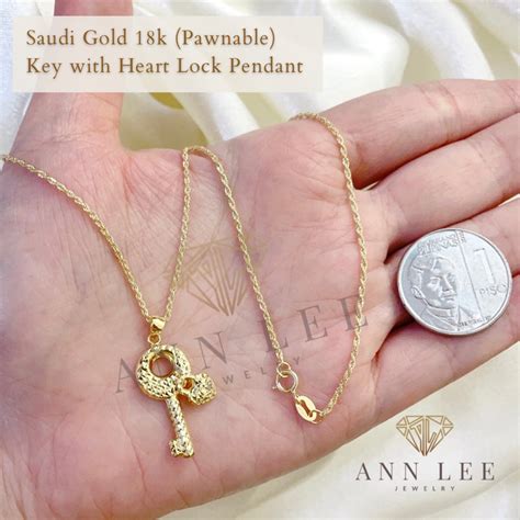 Pawnable Real Saudi Gold K Key With Heart Lock Pendant And Necklace