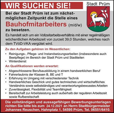 Stellenausschreibung Bauhofmitarbeiter m w d für Stadt Prüm