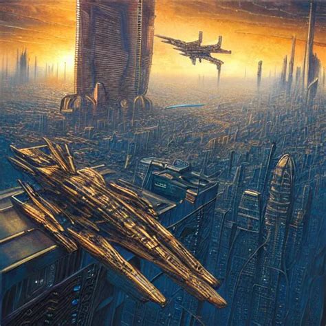 Cyberpunk Starship Soaring Over City Atmospheric Stable Diffusion