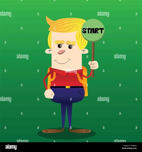 Schoolboy Holding Start Sign Vector Cartoon Character Illustration