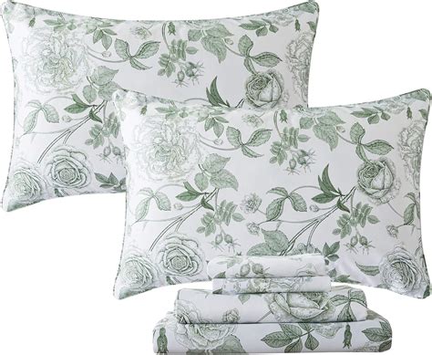 Fadfay Sheets Set Queen Vintage White And Green Floral