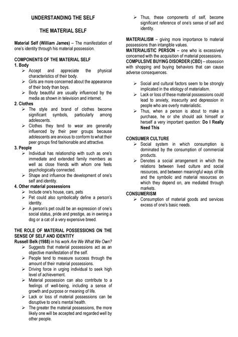 Uts Lesson 4 The Material Self Understanding The Self The Material