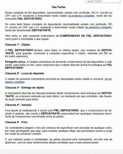 Modelo de Contrato Compromisso do Fiel Depositário