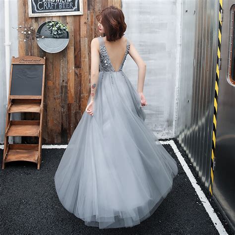 Gray V Neck Tulle Beads Long Prom Dress Evening Dress Dress Idea