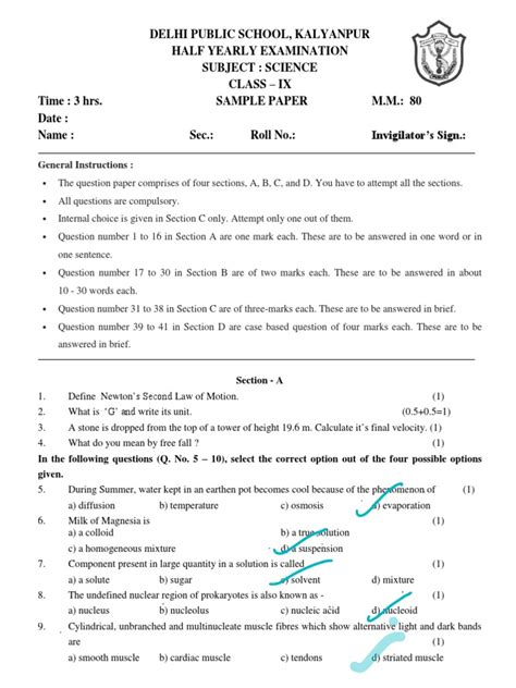 Class Ix Science Sample Paper Half Yearly Exam Pdf Tissue Biology Chemical Substances