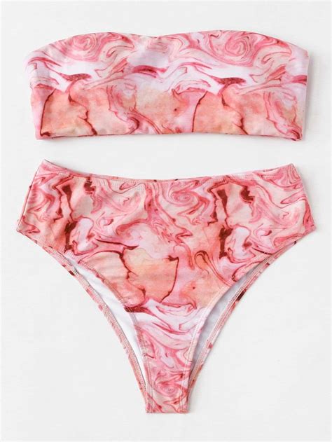 Pink Marble Print Swimsuit Bandeau With High Waist Bikini Bottom