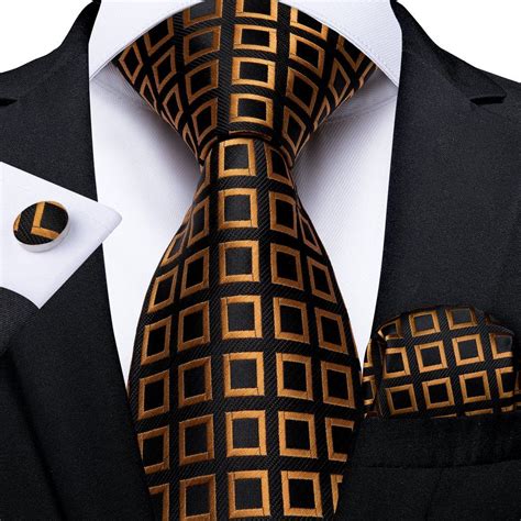 New Black Golden Plaid Mens Necktie Pocket Square Cufflinks Set Silk Ties Ties Mens Necktie Set