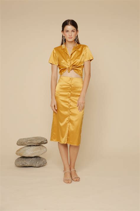 SALOME SKIRT Pencil Skirt with Covered Buttons (Yellow Silk) – Zoo Label