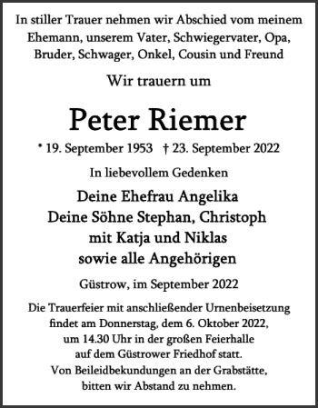 Traueranzeigen Von Peter Riemer Trauer Nordkurier