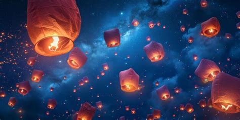 Premium Photo | Burning lanterns flying into the night sky Generative AI