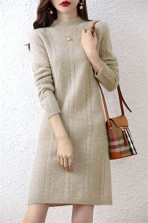 Liny Xin Womens Sweater Dress Mock Neck Long Sleeve 100 Merino Wool Fall Winter Warm Soft